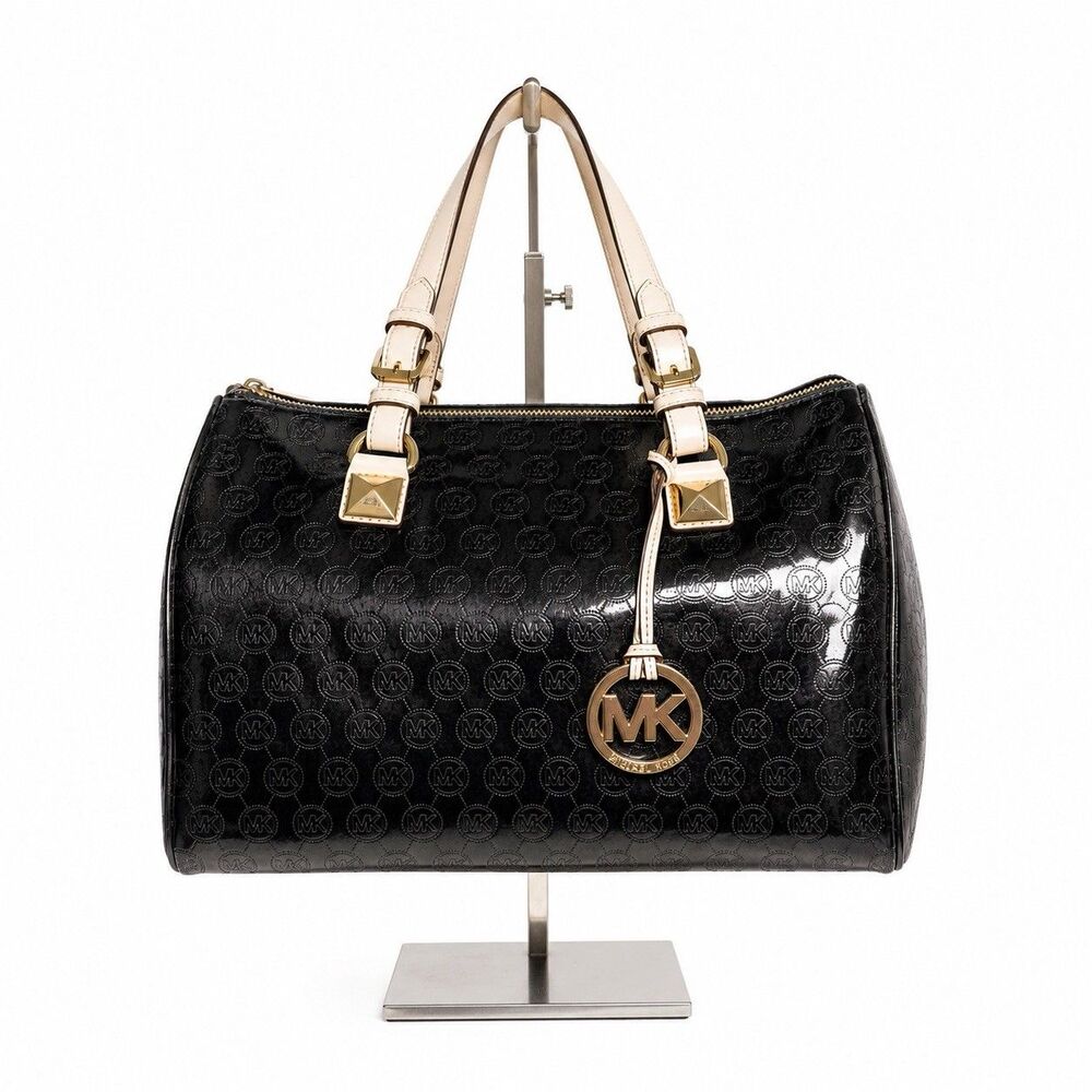 Michael Kors Grayson Large Satchel Black Metallic MK Monogram Patent Bag EUC